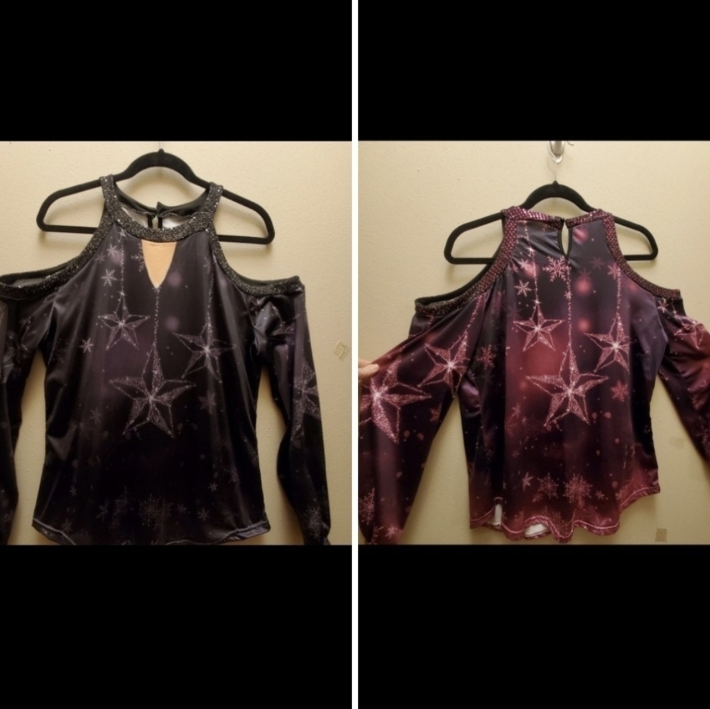 (2) stunning  holiday Womens satiny cold shoulder tops with stars